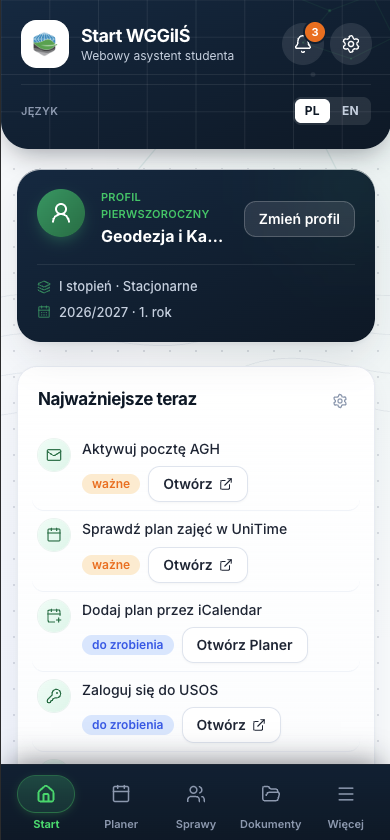 Aplikacja Start WGGiIS dla studentów AGH — widok na telefonie